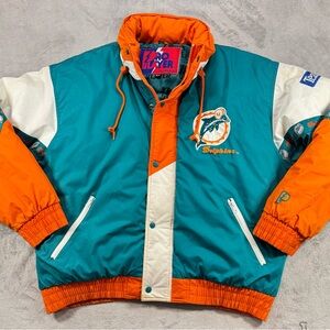 Rare Vintage 90’s Pro Player Miami Dolphins Jacket Size XL Roll Up Hood